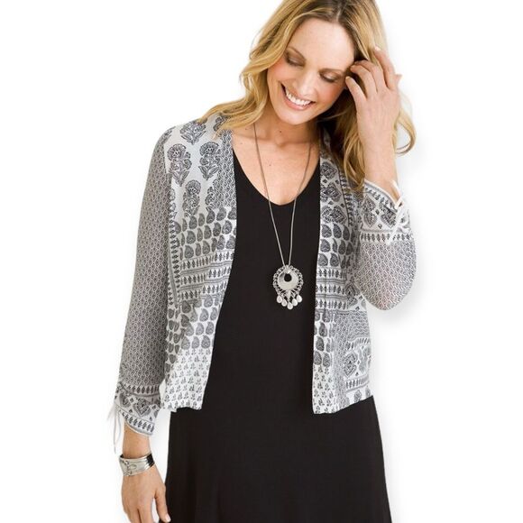 Chicos Black And White Printed Ruched-Sleeve Cardigan 2 Large Womens Lightweight - Picture 1 of 12